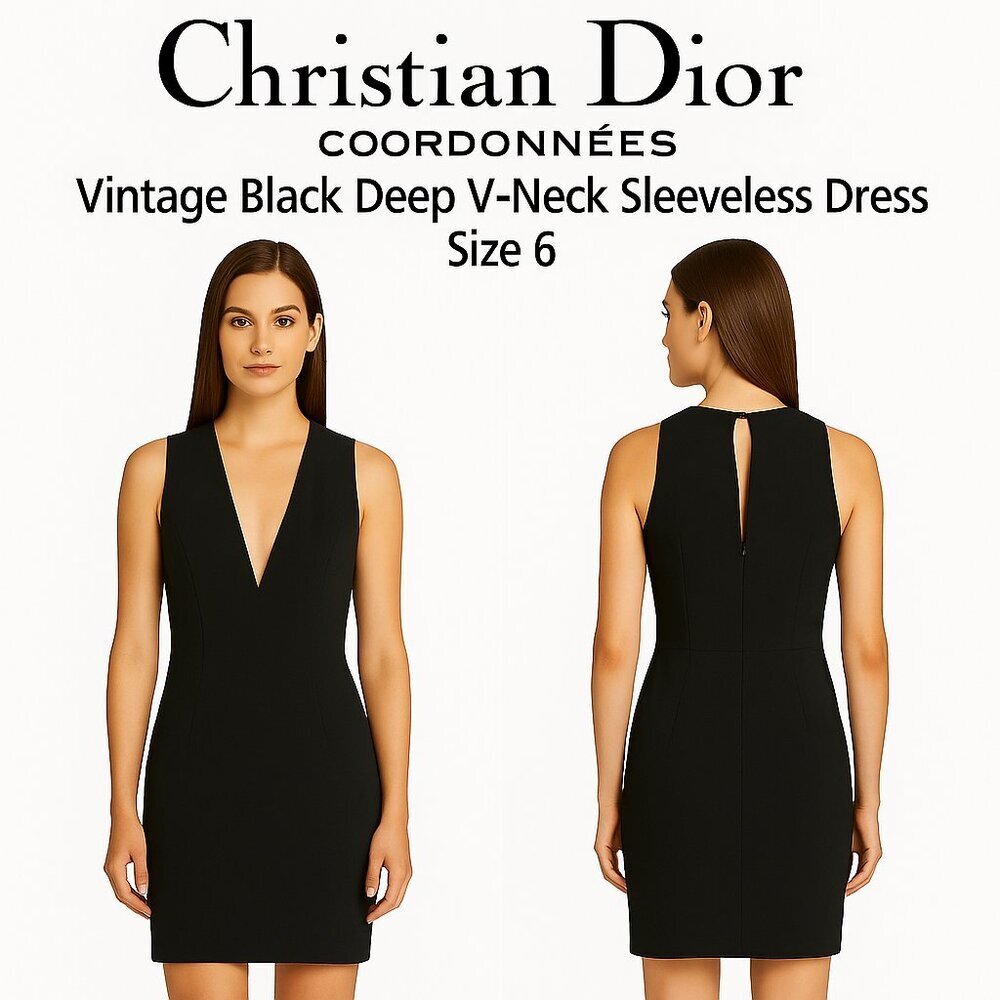 Christian Dior Coordonnées Vintage Black Deep V-Neck Sleeveless Dress – Size 6